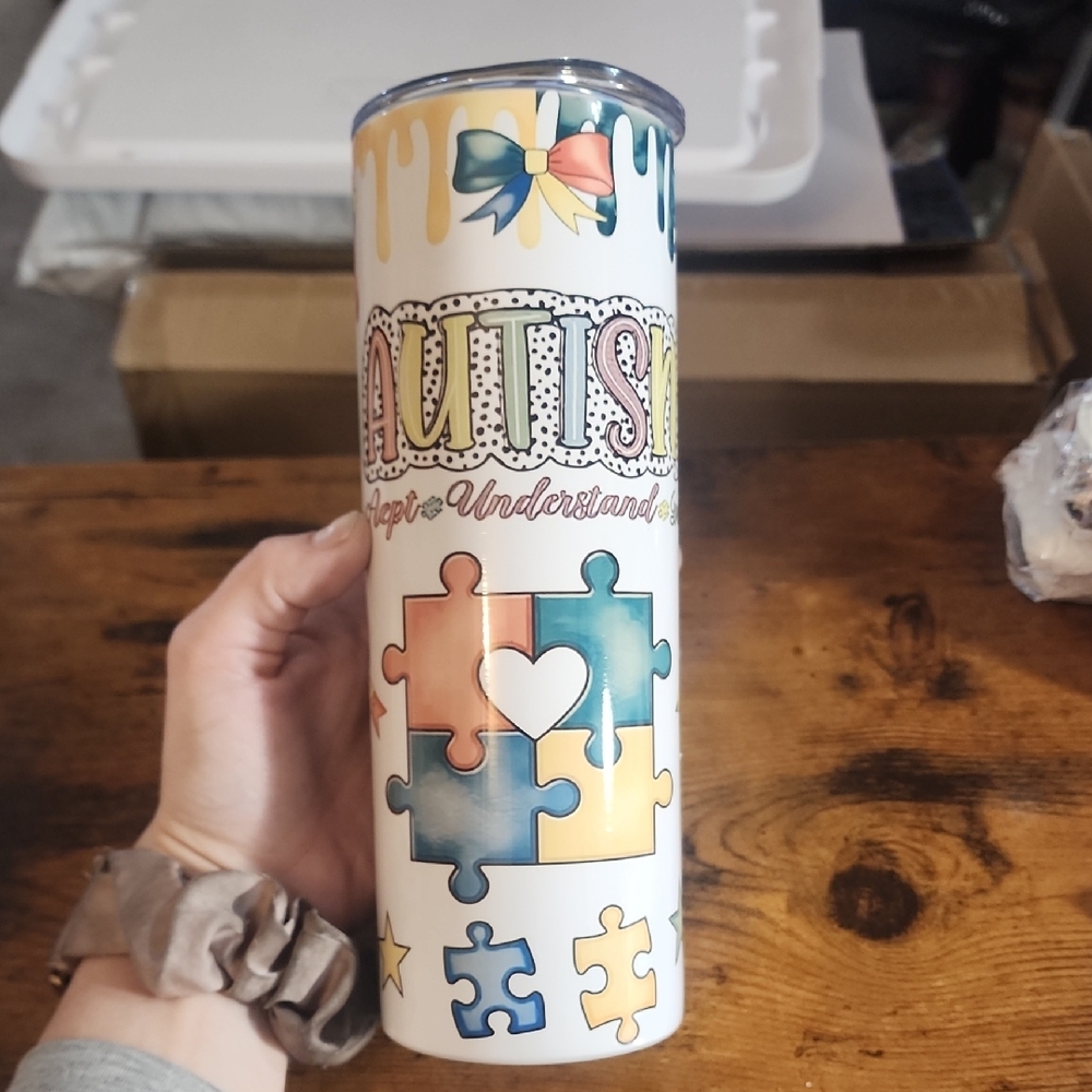 Autism Awareness Puzzle Piece Tumbler Skinny 20oz Stainless Steel With Lid/straw